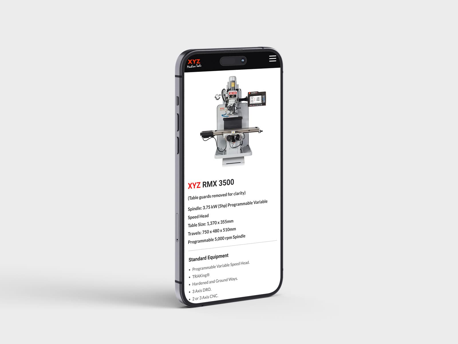 image showing XYZ Machine Tools website on a mobile
